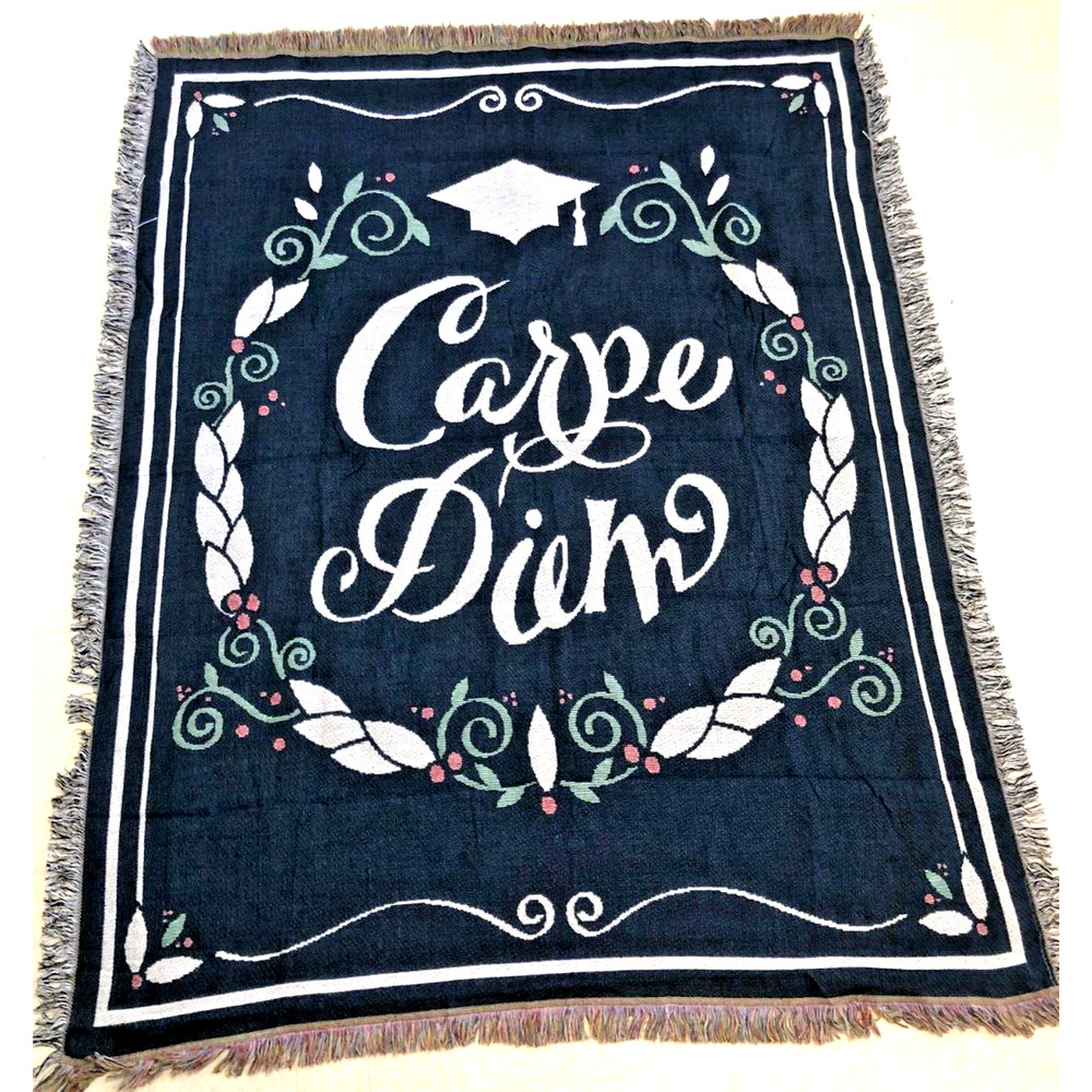Carpe Diem Throw Blanket Grad Fringed Border Laurel Leaf Victory Blue 50 x 60 - Picture 1 of 3